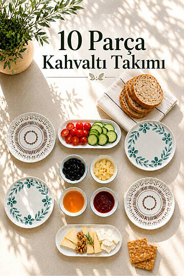 10 Parça 4 Kişilik Leaf Stoneware Kahvaltı Takımı - Özel Desenli Kahvaltılık Servis Sunum Seti