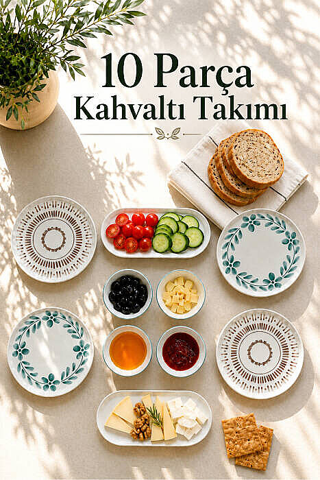 10 Parça 4 Kişilik Leaf Stoneware Kahvaltı Takımı - Özel Desenli Kahvaltılık Servis Sunum Seti - 1