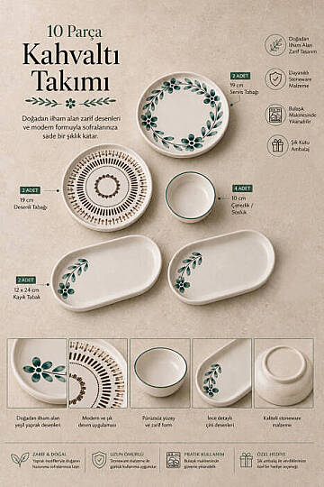 10 Parça 4 Kişilik Leaf Stoneware Kahvaltı Takımı - Özel Desenli Kahvaltılık Servis Sunum Seti - 2