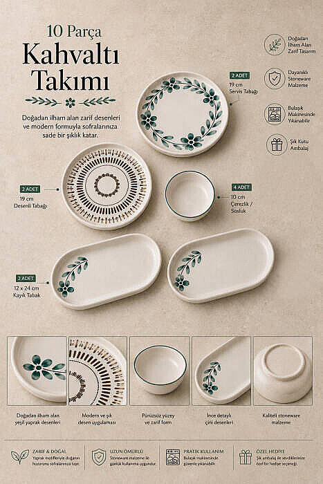 10 Parça 4 Kişilik Leaf Stoneware Kahvaltı Takımı - Özel Desenli Kahvaltılık Servis Sunum Seti - 2