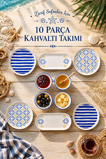 10 Parça 4 Kişilik Oceana Stoneware Kahvaltı Takımı - Özel Desenli Kahvaltılık Servis Sunum Seti