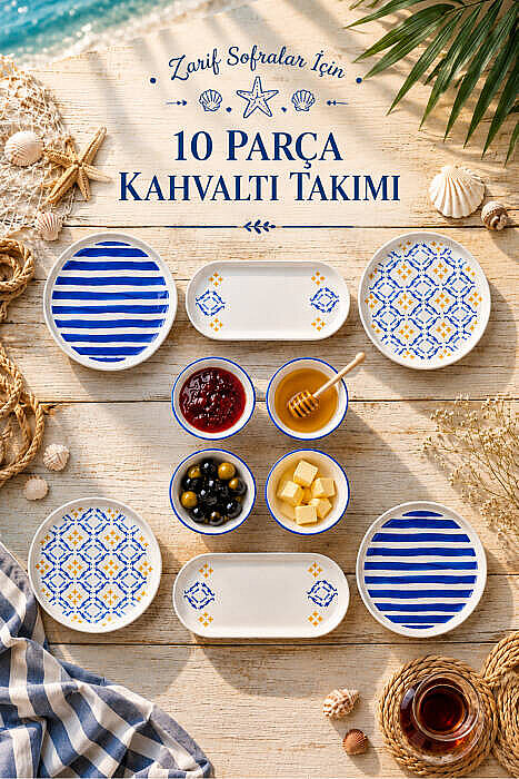 10 Parça 4 Kişilik Oceana Stoneware Kahvaltı Takımı - Özel Desenli Kahvaltılık Servis Sunum Seti - 1