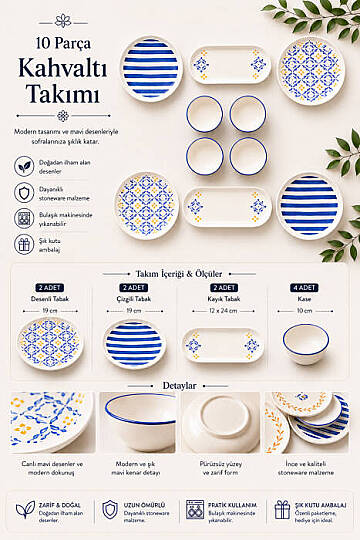 10 Parça 4 Kişilik Oceana Stoneware Kahvaltı Takımı - Özel Desenli Kahvaltılık Servis Sunum Seti - 2