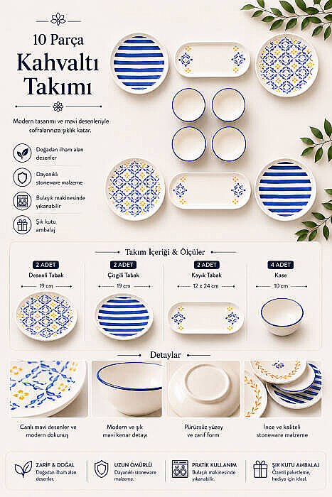 10 Parça 4 Kişilik Oceana Stoneware Kahvaltı Takımı - Özel Desenli Kahvaltılık Servis Sunum Seti - 2
