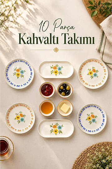 10 Parça 4 Kişilik Rosalia Stoneware Kahvaltı Takımı - Özel Desenli Kahvaltılık Servis Sunum Seti