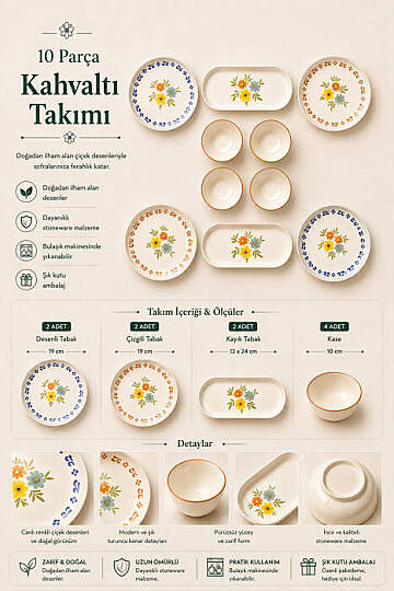 10 Parça 4 Kişilik Rosalia Stoneware Kahvaltı Takımı - Özel Desenli Kahvaltılık Servis Sunum Seti - 2