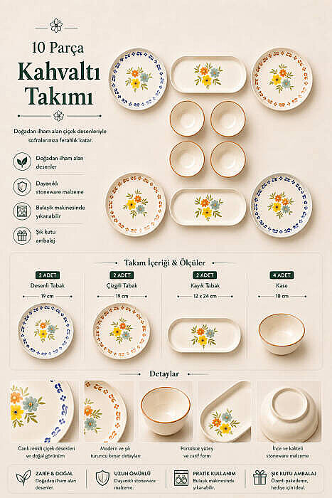 10 Parça 4 Kişilik Rosalia Stoneware Kahvaltı Takımı - Özel Desenli Kahvaltılık Servis Sunum Seti - 2