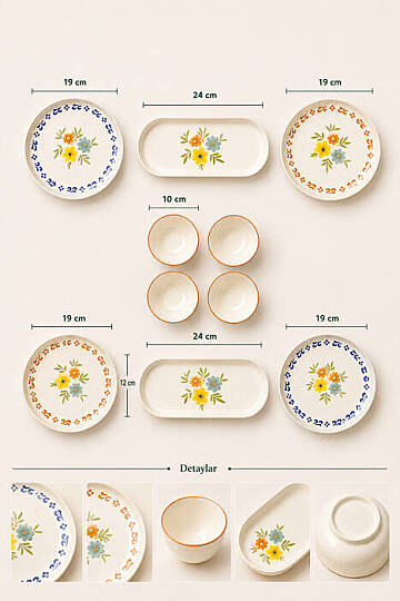 10 Parça 4 Kişilik Rosalia Stoneware Kahvaltı Takımı - Özel Desenli Kahvaltılık Servis Sunum Seti - 3