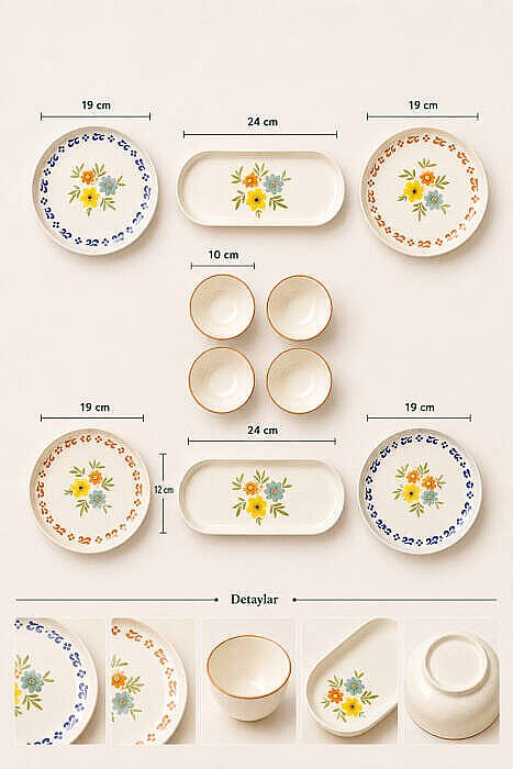 10 Parça 4 Kişilik Rosalia Stoneware Kahvaltı Takımı - Özel Desenli Kahvaltılık Servis Sunum Seti - 3