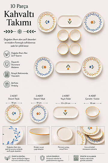 10 Parça 4 Kişilik Vivia Stoneware Kahvaltı Takımı - Özel Desenli Kahvaltılık Servis Sunum Seti - 2