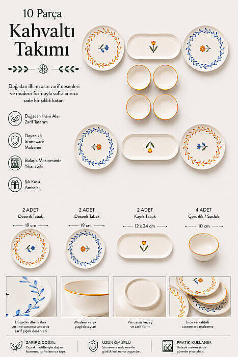 10 Parça 4 Kişilik Vivia Stoneware Kahvaltı Takımı - Özel Desenli Kahvaltılık Servis Sunum Seti - 2