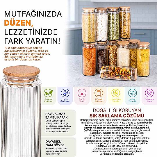 12'li 1500 ml Cam Erzak Kavanozu Seti – Ahşap Vakum Kapaklı Bakliyat Kuru Gıda Saklama Kabı - 2