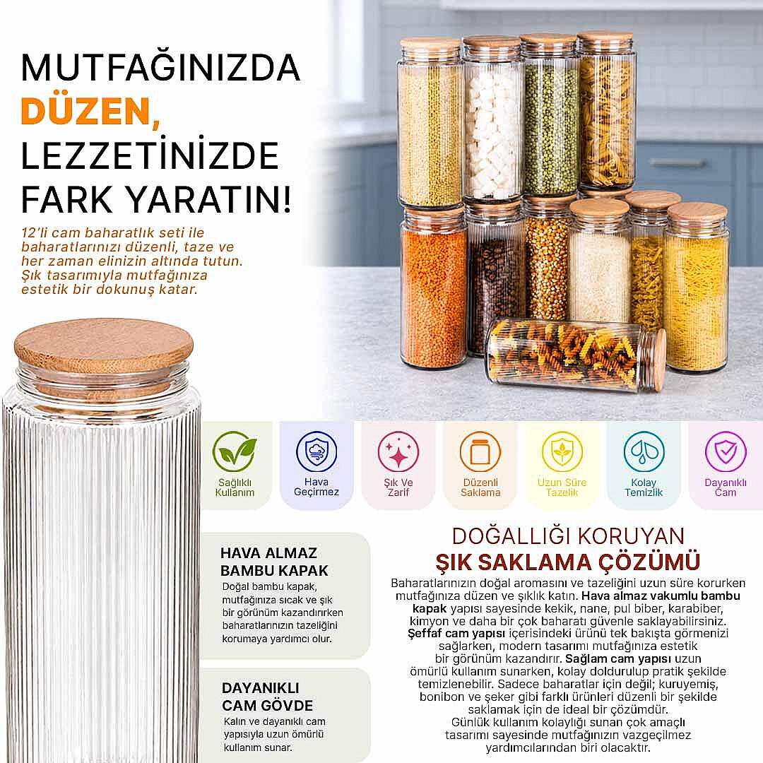 12'li 1500 ml Cam Erzak Kavanozu Seti – Ahşap Vakum Kapaklı Bakliyat Kuru Gıda Saklama Kabı - 2