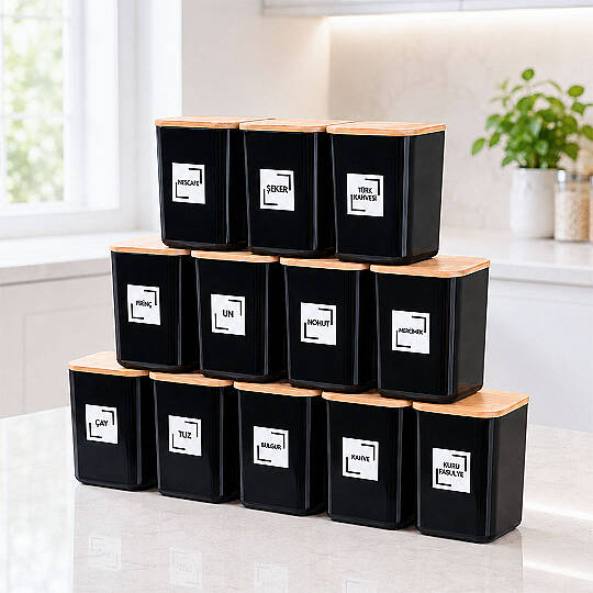 12Lİ 900 Ml Siyah Ahşap Vakumlu Kapaklı Akrilik Saklama Kavanozu Kabı ve Kutusu 900 ml ETİKETLİ