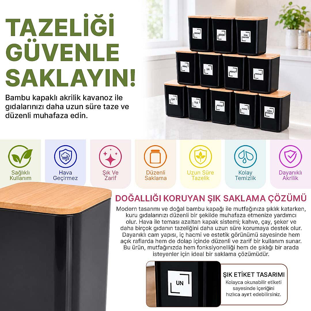 12Lİ 900 Ml Siyah Ahşap Vakumlu Kapaklı Akrilik Saklama Kavanozu Kabı ve Kutusu 900 ml ETİKETLİ - 2