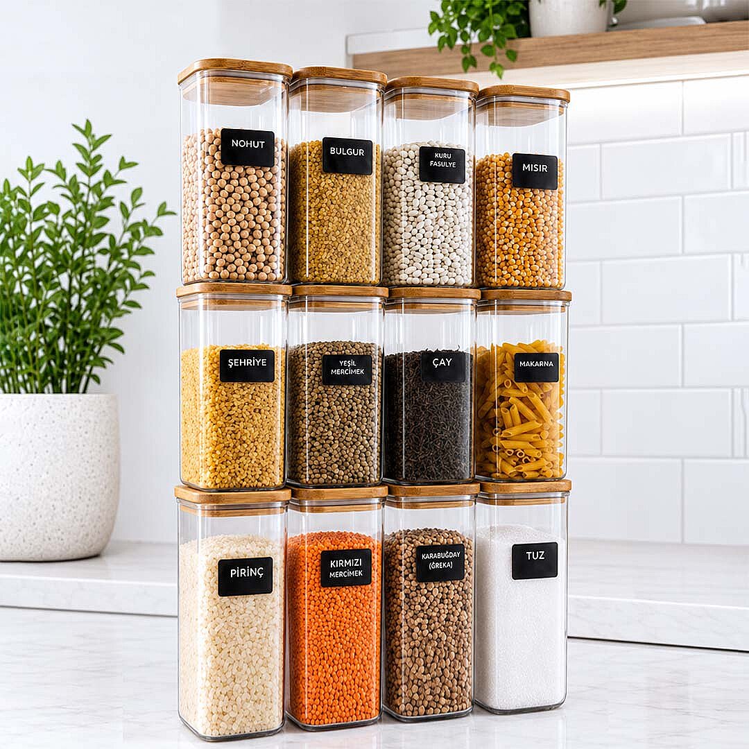 12li Ahşap Vakumlu Kapak Erzak Saklama Kabı Seti - Mutfak Düzenleyici Etiketli Akrilik Un Bakliyat Kabı 12 x 1,70 Lt - 1
