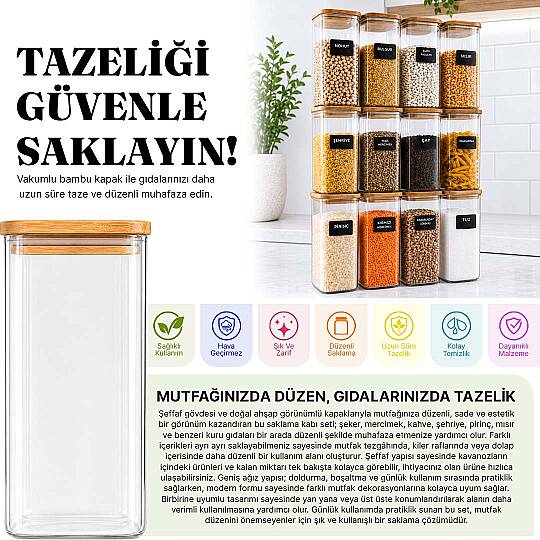 12li Ahşap Vakumlu Kapak Erzak Saklama Kabı Seti - Mutfak Düzenleyici Etiketli Akrilik Un Bakliyat Kabı 12 x 1,70 Lt - 2