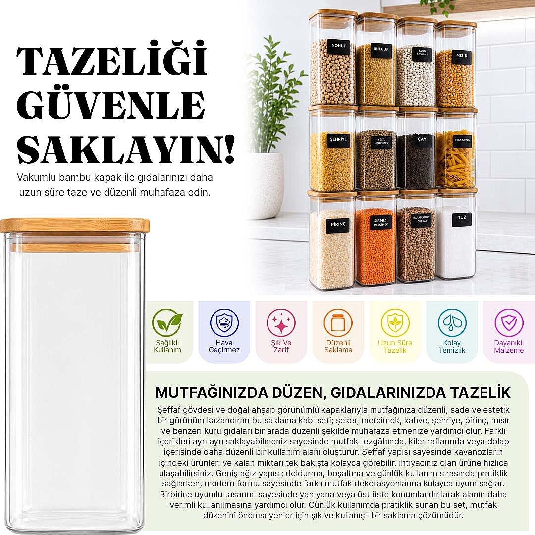12li Ahşap Vakumlu Kapak Erzak Saklama Kabı Seti - Mutfak Düzenleyici Etiketli Akrilik Un Bakliyat Kabı 12 x 1,70 Lt - 2