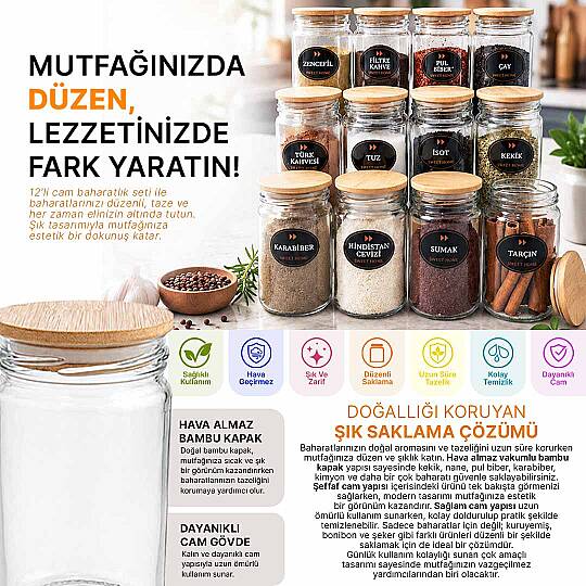 12li Ahşap Vakumlu Kapaklı 300 cc Etiketli Cam Baharatlık Doğal Ahşap Kapaklı Etiketli Boru Tipi - 2