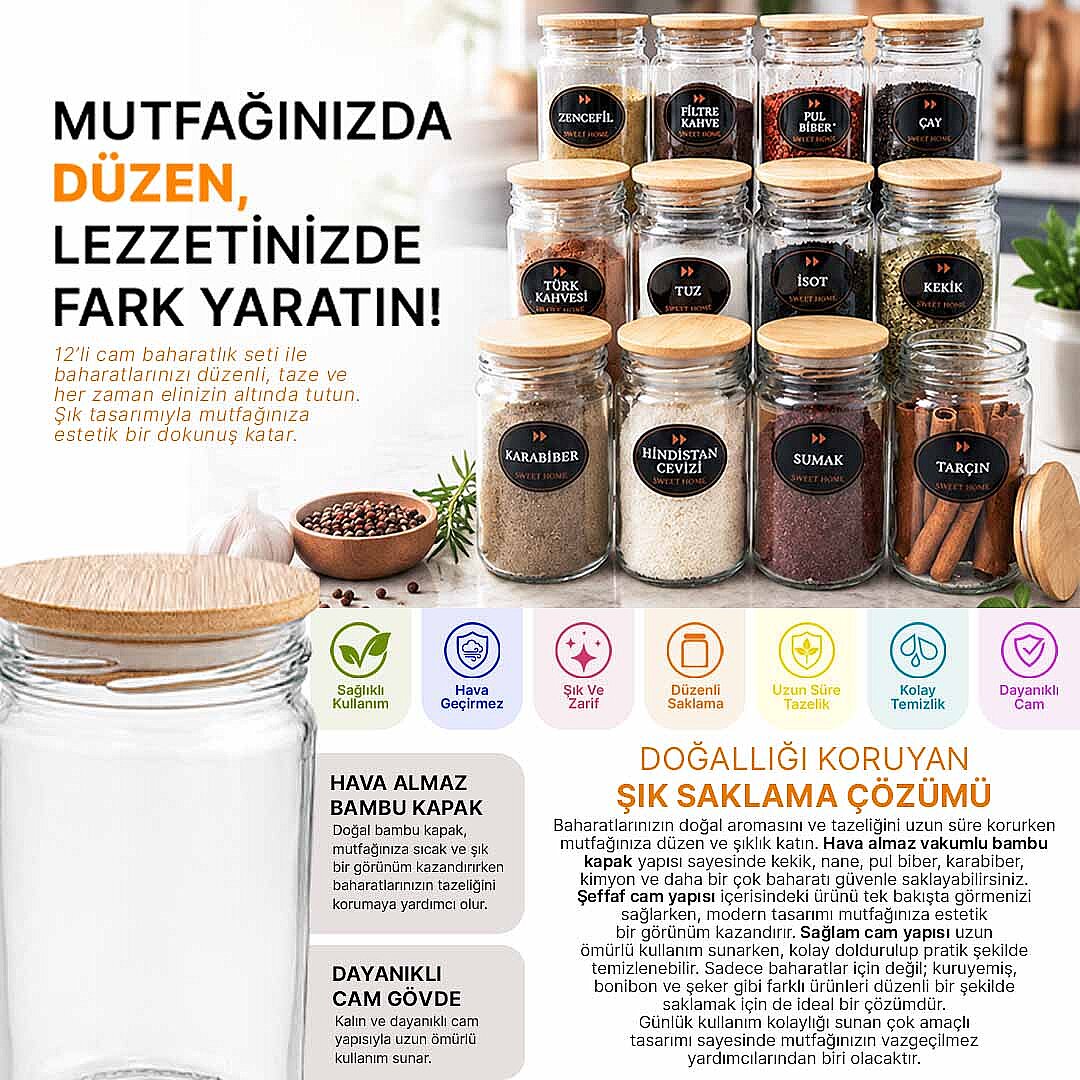12li Ahşap Vakumlu Kapaklı 300 cc Etiketli Cam Baharatlık Doğal Ahşap Kapaklı Etiketli Boru Tipi - 2