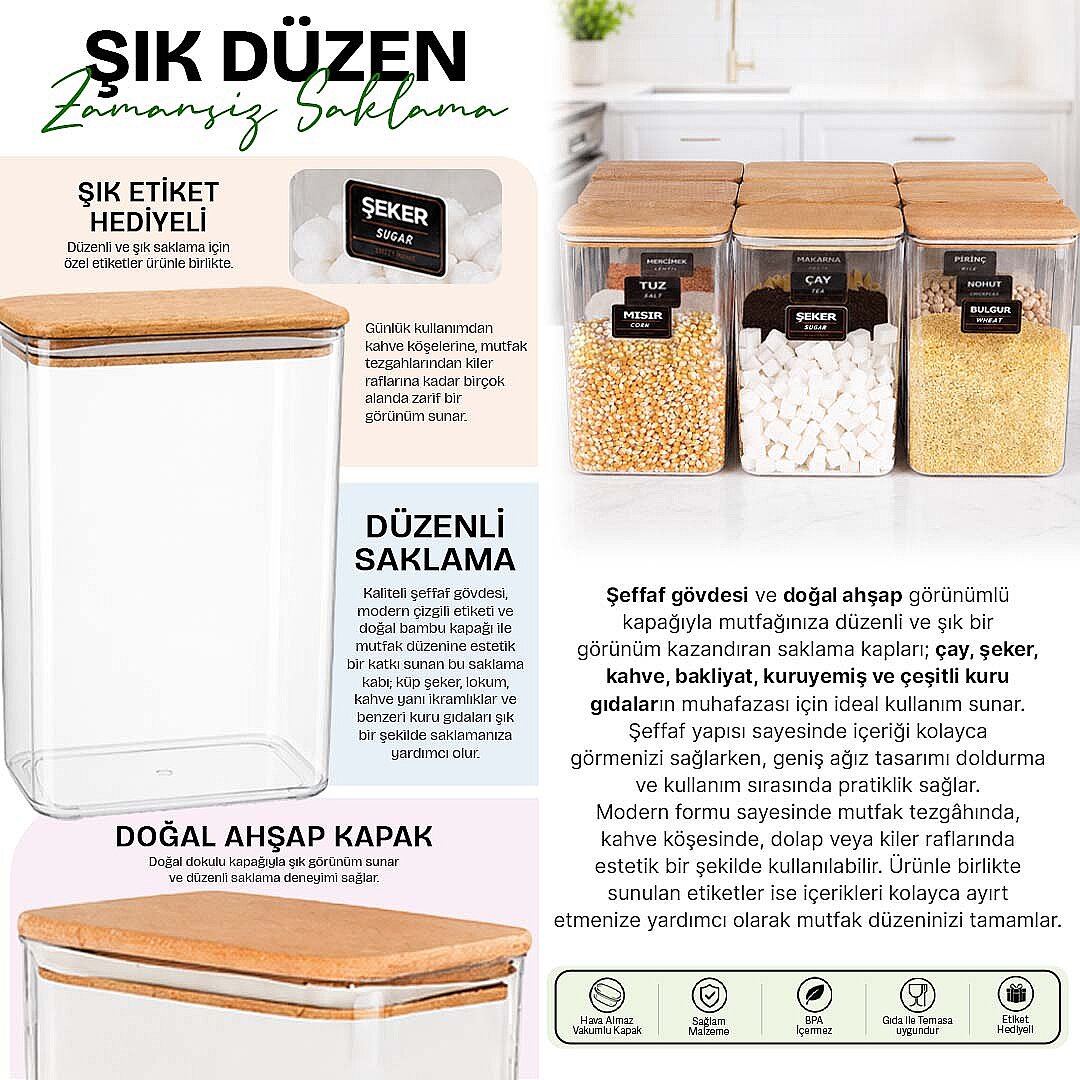 12'li 3 Lt Ahşap Vakum Kapaklı Erzak Saklama Kabı Seti – Etiketli Bakliyat Kuru Gıda Saklama Kutusu - 2