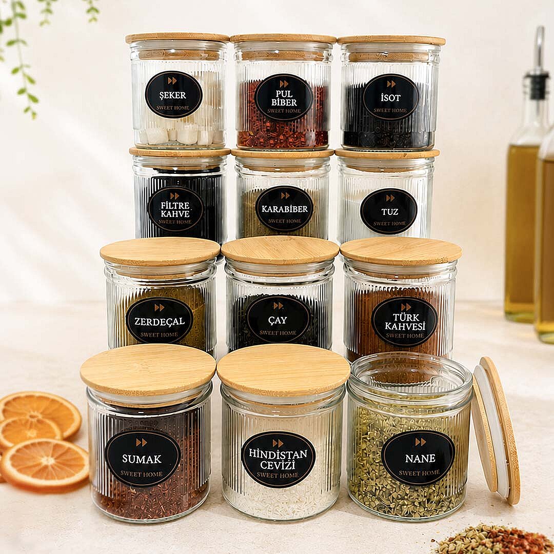 12li Çizgili Cam Baharatlık Seti - Etiket Hediyeli Ahşap Kapaklı Organizer Baharat Saklama Kabı Çerezlik 350ml - 1