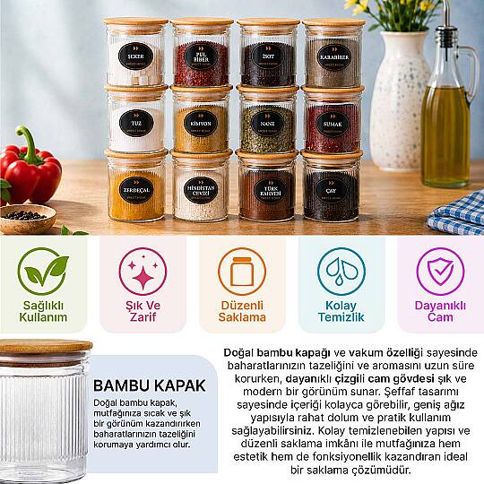 12li Çizgili Cam Baharatlık Seti - Etiket Hediyeli Ahşap Kapaklı Organizer Baharat Saklama Kabı Çerezlik 350ml - 2
