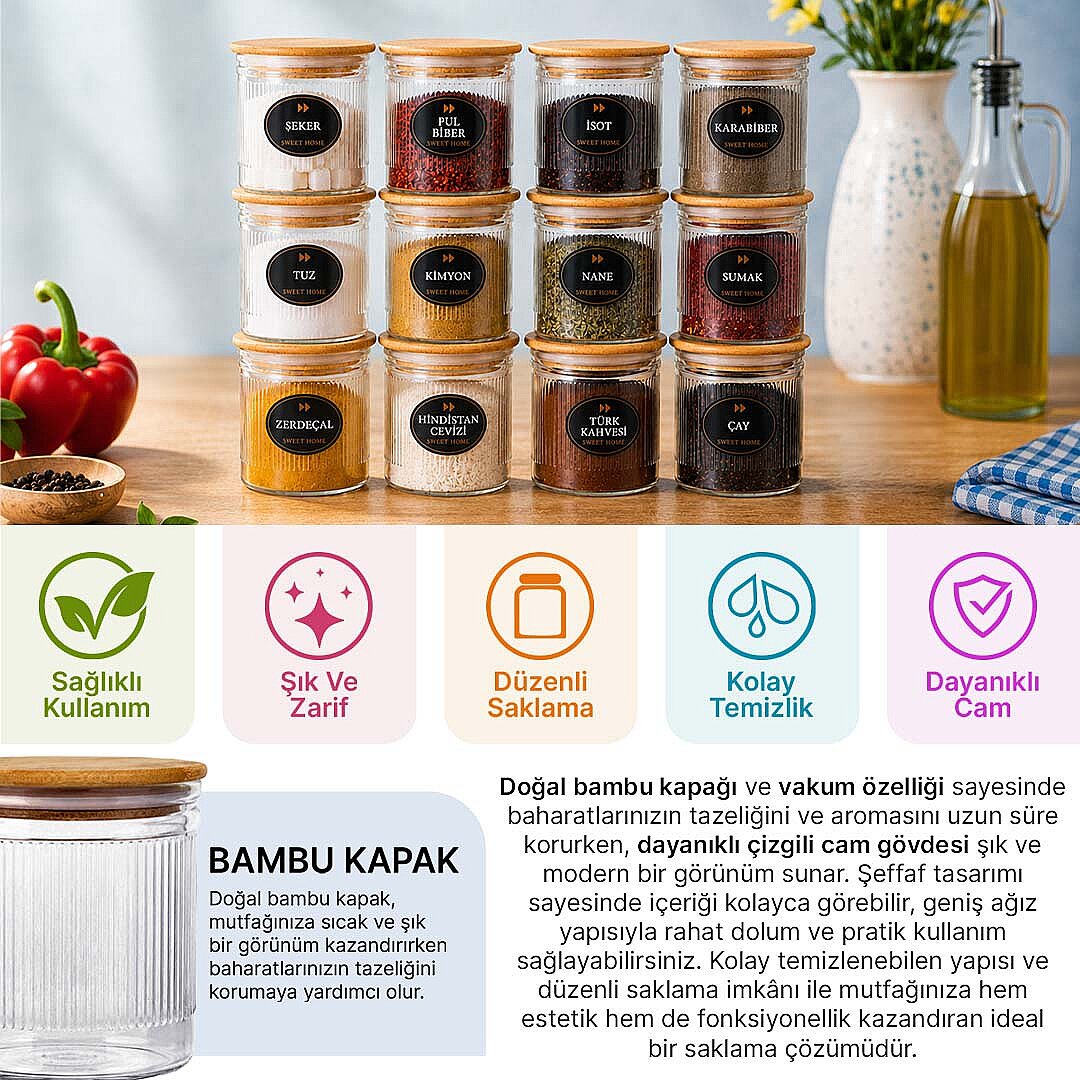 12li Çizgili Cam Baharatlık Seti - Etiket Hediyeli Ahşap Kapaklı Organizer Baharat Saklama Kabı Çerezlik 350ml - 2