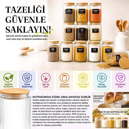 12li Etiketli Cam Kavanoz Seti – Bambu Hava Almaz Vakum Kapaklı Çizgili Erzak Bakliyat Saklama Kabı 12 x 1 L - 2