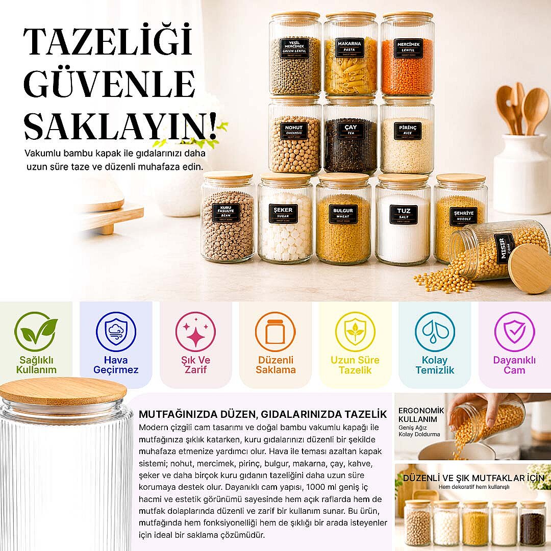 12li Etiketli Cam Kavanoz Seti – Bambu Hava Almaz Vakum Kapaklı Çizgili Erzak Bakliyat Saklama Kabı 12 x 1 L - 2