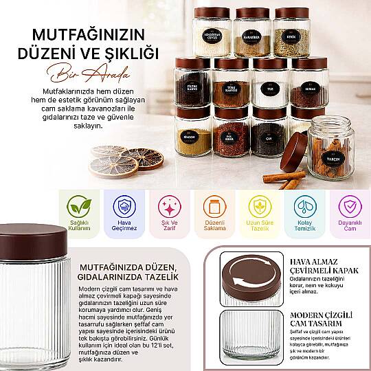 12li Etiketli Çizgili Cam Kavanoz Baharatlık Seti – Plastik Contalı Hava Almaz Kapaklı Baharatlık Saklama Kabı 12 x 500 ml - 3