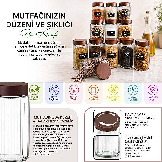 12li Etiketli Çizgili Cam Kavanoz Seti – Plastik Contalı Hava Almaz Kapaklı Erzak Bakliyat Saklama Kabı 12 x 1 L - 2