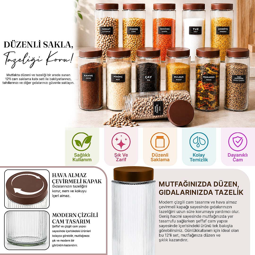 12’li Jumbo Boy Kapaklı Cam Erzak Kavanozu Saklama Kabı 1500 ml - 2