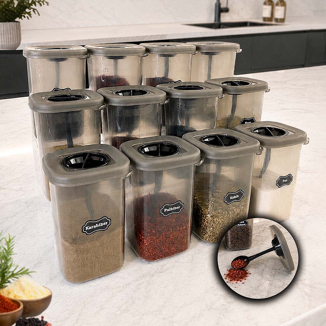 12li Kendinden Kaşıklı Baharatlık Seti 450 ml - Etiketli Kilitlenebilir Kapaklı Baharatlık Saklama Kabı - 1
