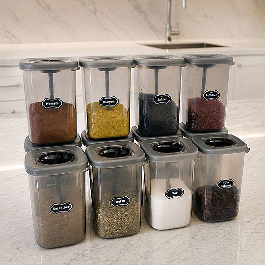 12li Kendinden Kaşıklı Baharatlık Seti 450 ml - Etiketli Kilitlenebilir Kapaklı Baharatlık Saklama Kabı - 2