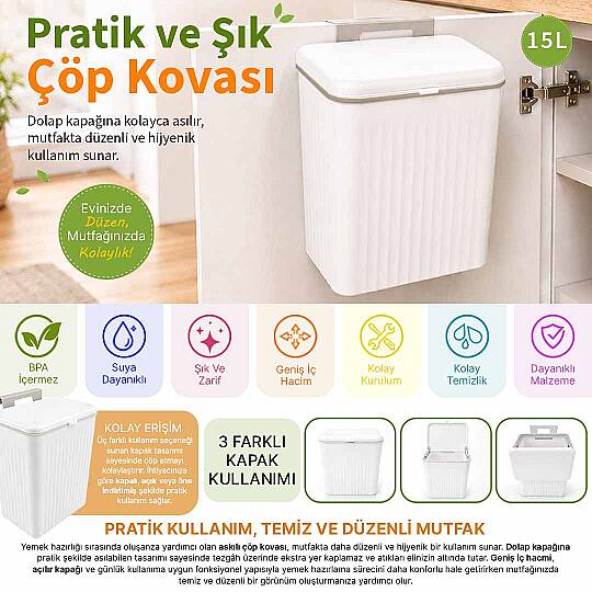 15 Litre Askılı Çöp Kovası Dolap Kapağına Asılabilir Tezgah Altı Mutfak Çöp Kutusu Beyaz - 2