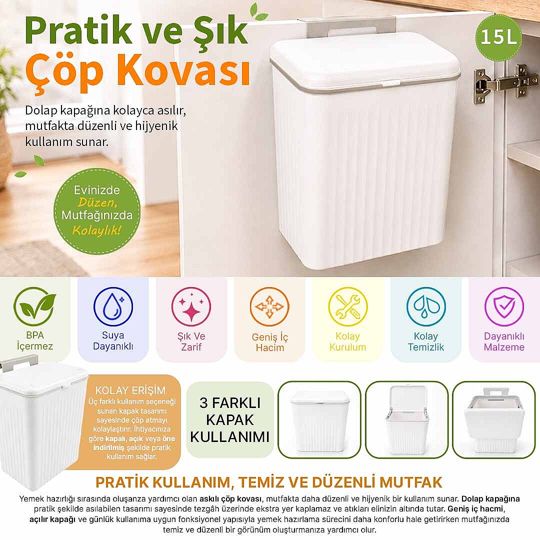 15 Litre Askılı Çöp Kovası Dolap Kapağına Asılabilir Tezgah Altı Mutfak Çöp Kutusu Beyaz - 2