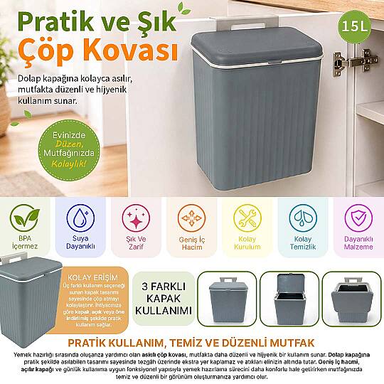 15 Litre Askılı Çöp Kovası Dolap Kapağına Asılabilir Tezgah Altı Mutfak Çöp Kutusu Gri - 2