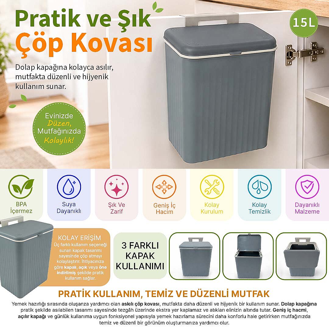 15 Litre Askılı Çöp Kovası Dolap Kapağına Asılabilir Tezgah Altı Mutfak Çöp Kutusu Gri - 2