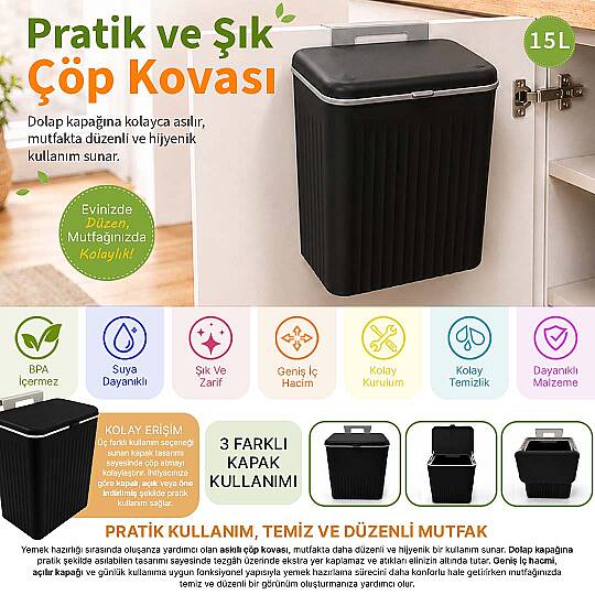 15 Litre Askılı Çöp Kovası Dolap Kapağına Asılabilir Tezgah Altı Mutfak Çöp Kutusu Siyah - 2