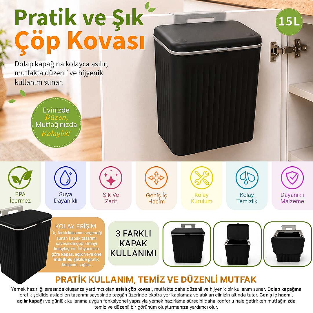 15 Litre Askılı Çöp Kovası Dolap Kapağına Asılabilir Tezgah Altı Mutfak Çöp Kutusu Siyah - 2