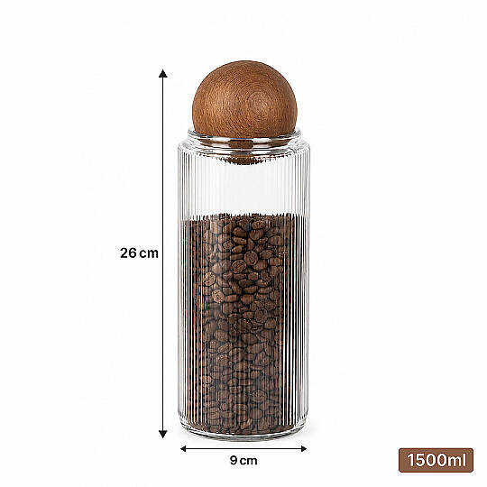 1500 ml Ahşap Top Kapaklı Cam Saklama Kavanozu – Çay Kahve Şeker Tuz Erzak Saklama Kabı - 3