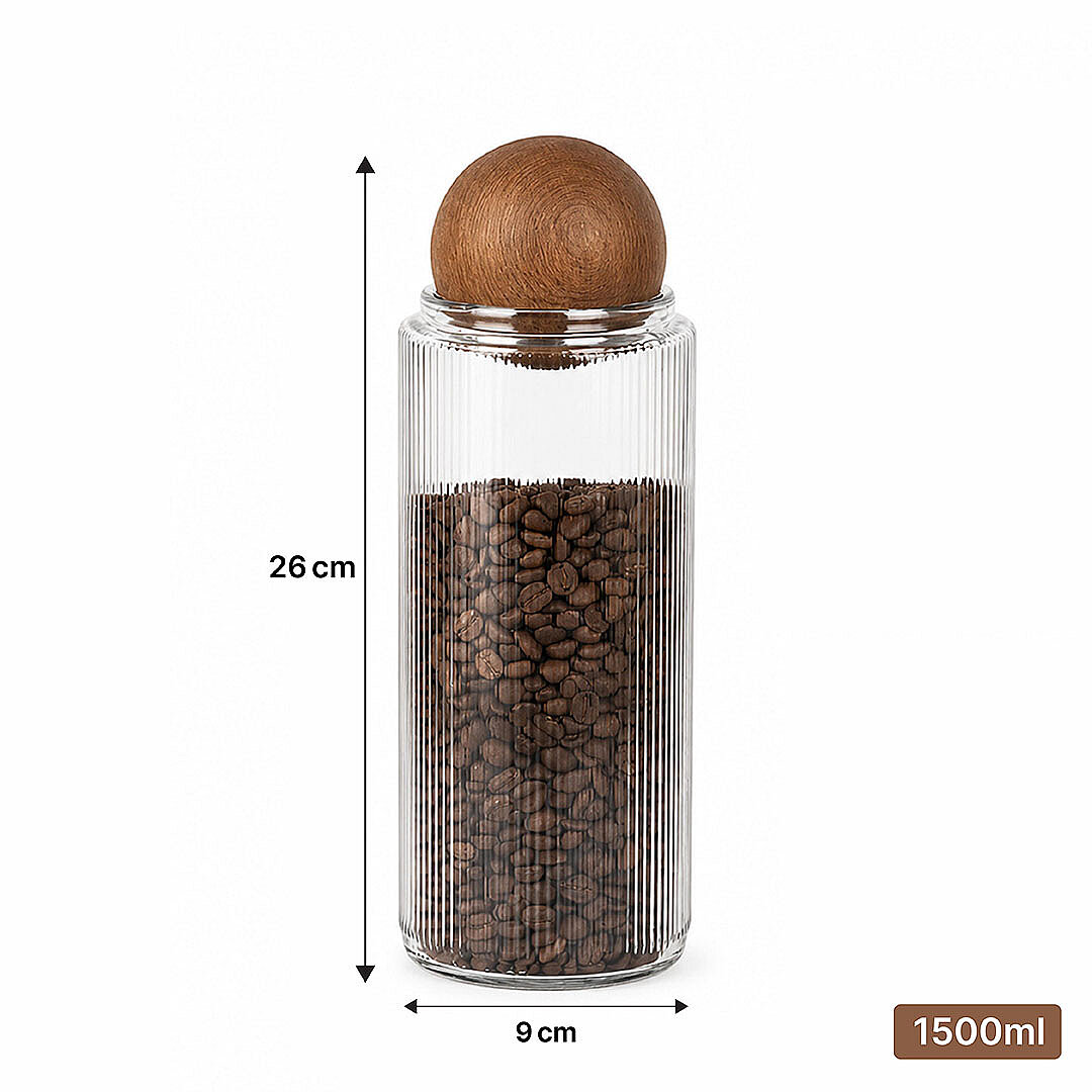 1500 ml Ahşap Top Kapaklı Cam Saklama Kavanozu – Çay Kahve Şeker Tuz Erzak Saklama Kabı - 3