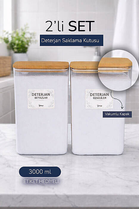2'li 3 Litre Ahşap Vakum Kapaklı Toz Deterjan Kutusu – Beyazlar Renkliler Etiketli Saklama Kabı - 2
