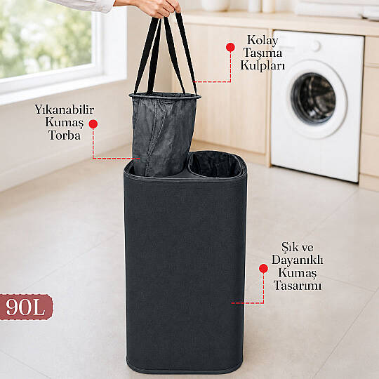 2 Bölmeli Kirli Çamaşır Sepeti Yıkanabilir 90 LT - Büyük Boy Katlanabilir Kirli Sepeti Organizer - 2