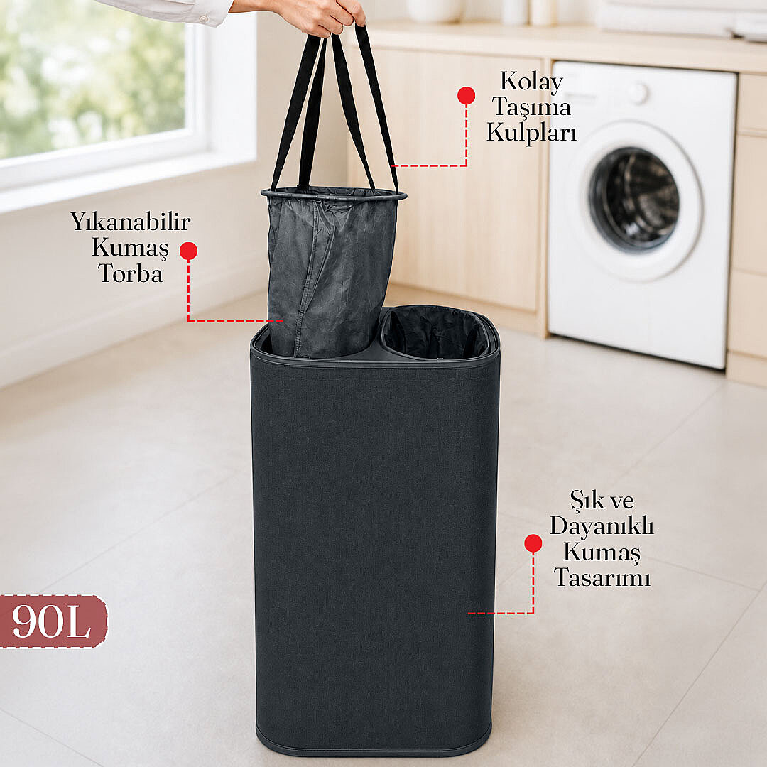 2 Bölmeli Kirli Çamaşır Sepeti Yıkanabilir 90 LT - Büyük Boy Katlanabilir Kirli Sepeti Organizer - 2