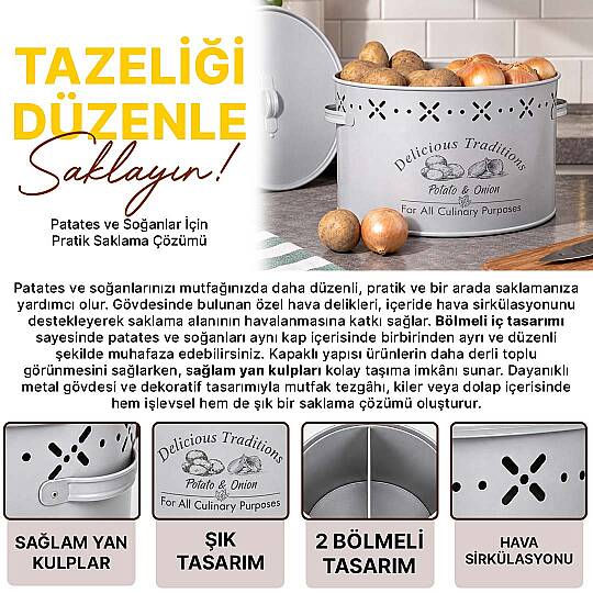 2 Bölmeli Metal Patates Soğan Kovası - Dekoratif Sebzelik Saklama Kutusu Sepet 18 L Gri - 2