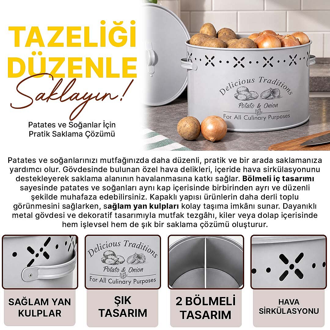 2 Bölmeli Metal Patates Soğan Kovası - Dekoratif Sebzelik Saklama Kutusu Sepet 18 L Gri - 2