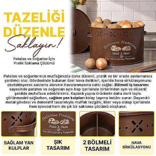2 Bölmeli Metal Patates Soğan Kovası - Dekoratif Sebzelik Saklama Kutusu Sepet 18 L - 2