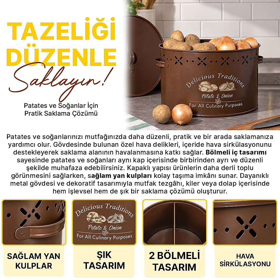 2 Bölmeli Metal Patates Soğan Kovası - Dekoratif Sebzelik Saklama Kutusu Sepet 18 L - 2